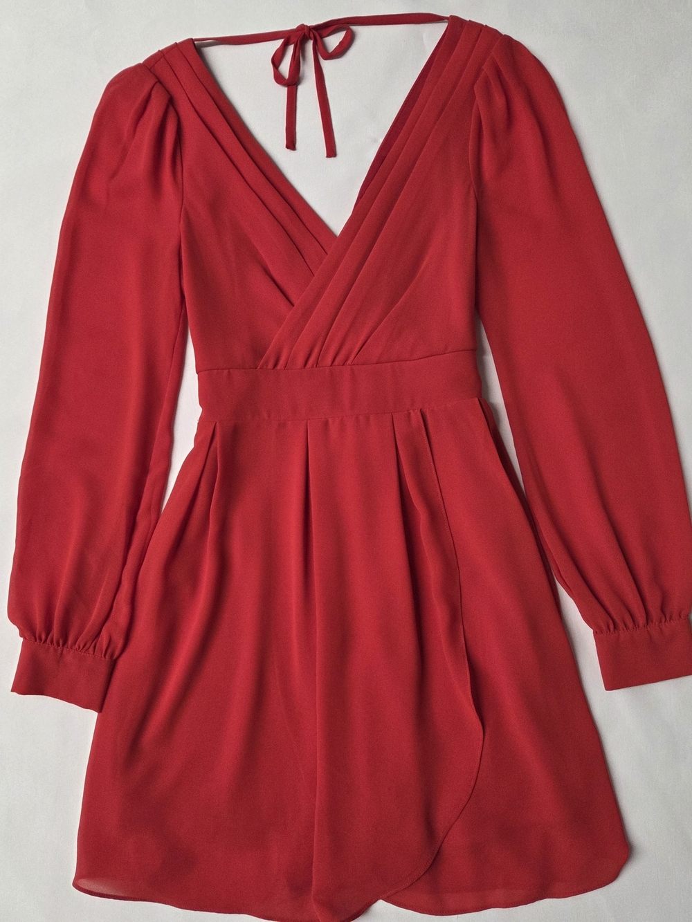 TFNC London Vintage Y2K XXS Red Long-Sleeve V-Neck Cinched Waist Wrap Mini Dress